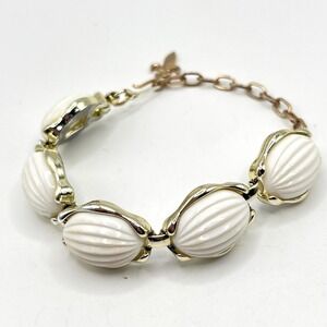 Vintage White Ridge Oval Plastic Cabochon in Gold Tone Frame Link Bracelet 7"